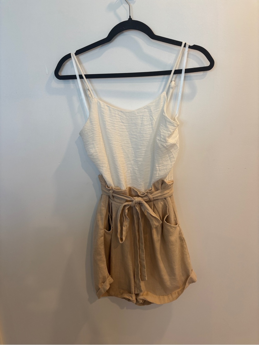 Altar'd State Cream & Tan Two-Tone Spaghetti Strap Romper